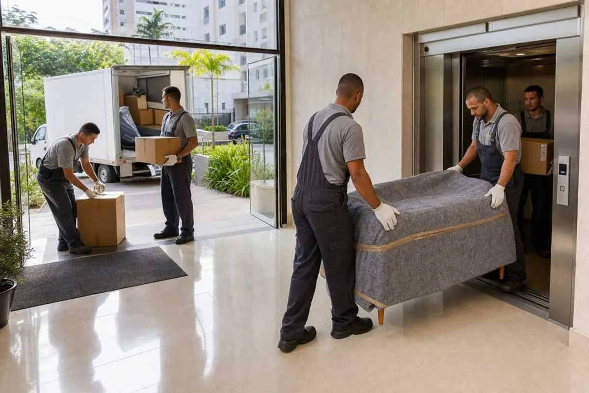 Equipe de mudancas retirando moveis e caixas de apartamento em Dourados